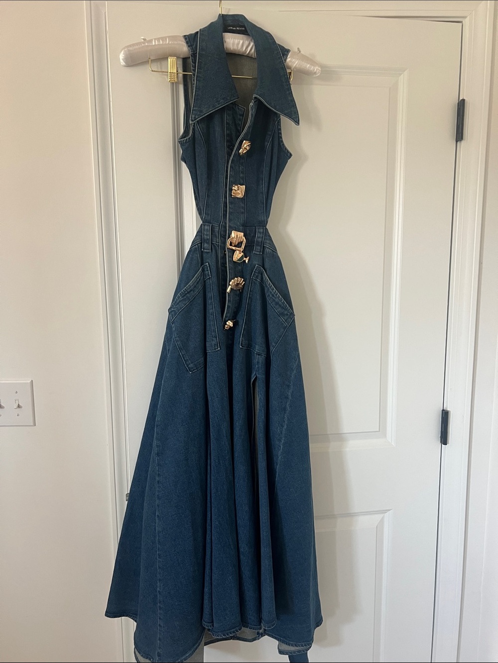 Vintage-Inspired Dark Denim Maxi Dress with Gold Accents